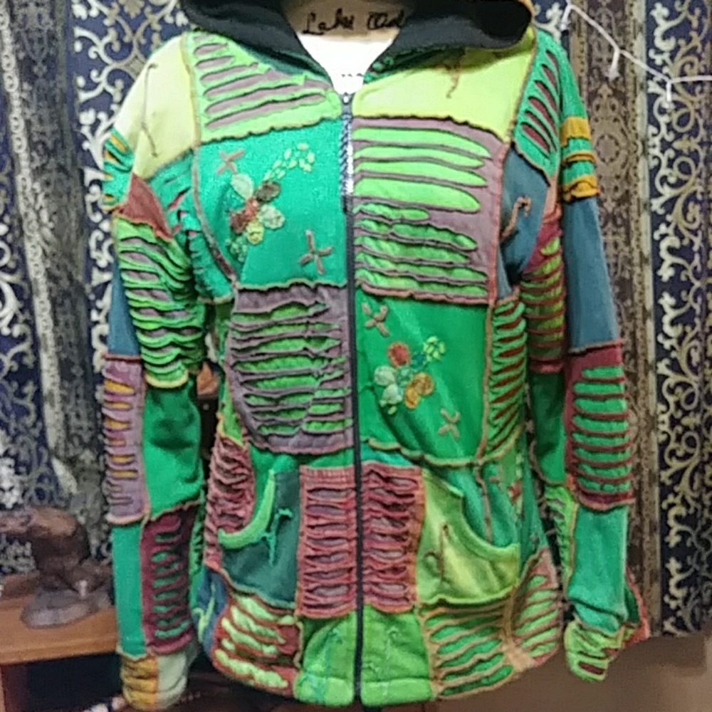 VINTAGE Boho Cutout Hooded Soft Lined Jacket Coat Women's Large Hippie G… - Picture 3 of 8